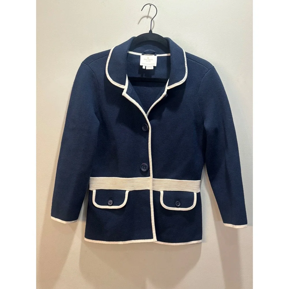 Kate Spade Mayson Sweater Navy Cream‎ Wool Blend Contrast Trim Knit 6 Old Money